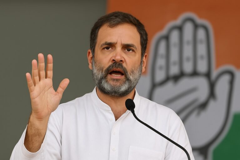Rahul Gandhi addressing a public rally, standing behind a microphone with his right hand raised, wearing a white kurta, with the Indian National Congress symbol visible in the blurred background.
