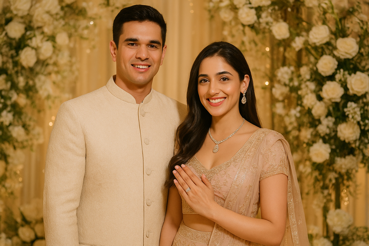: Arjun Saaniya engagement ceremony featuring the couple in pastel attire with ivory-gold décor